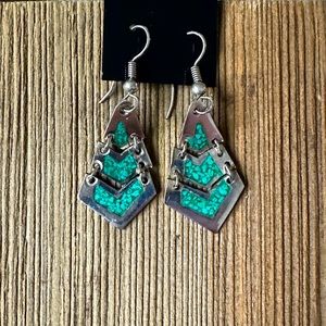 Mexico Alpaca Silver Dangle Articulated Crushed Turquoise Inlay Pierced Earrings